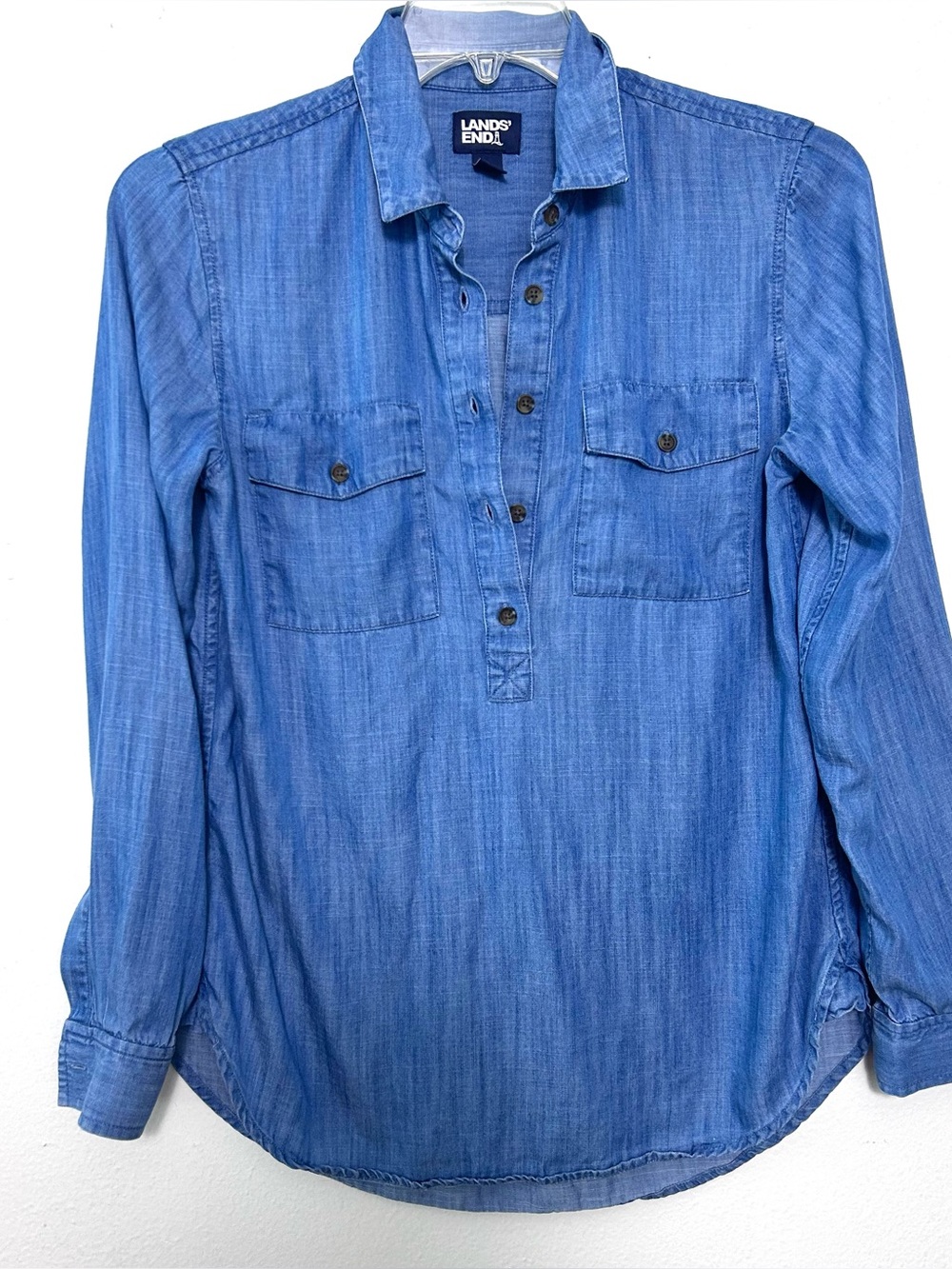 Lands' End Women's Blue 100% Lyocell Chambray Tunic Small Popover Shirt.